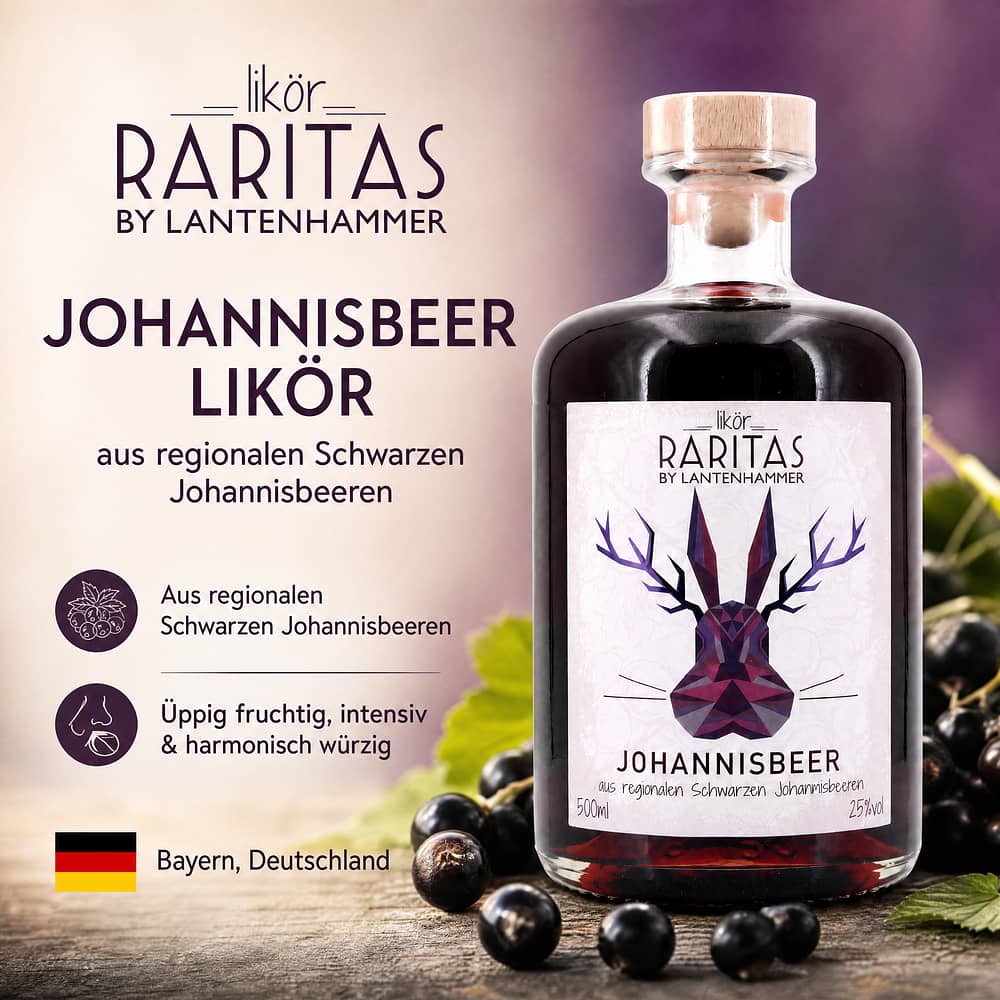 Raritas Johannisbeerlikör aus regionalen Schwarzen Johannisbeeren 0,50 Liter/ 25.0% vol Produktbild