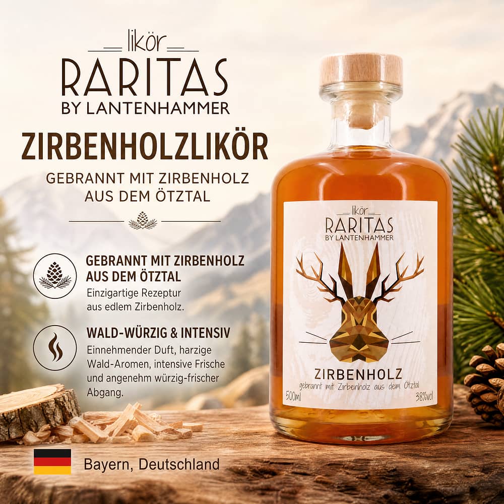 Raritas Zirbenholzlikör gebrannt mit Zirbenholz aus dem Ötztal 0,50 Liter/ 38.0% vol Produktbild