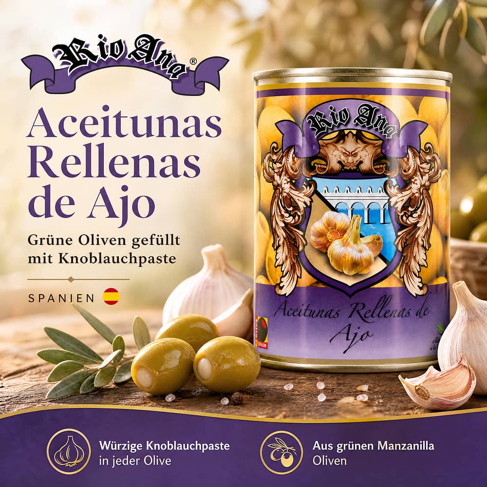 Rio Ana Aceitunas Rellenas de Ajo Grüne Oliven gefüllt mit Knoblauchpaste 292g 120 Gramm Abtropfgewicht Produktbild