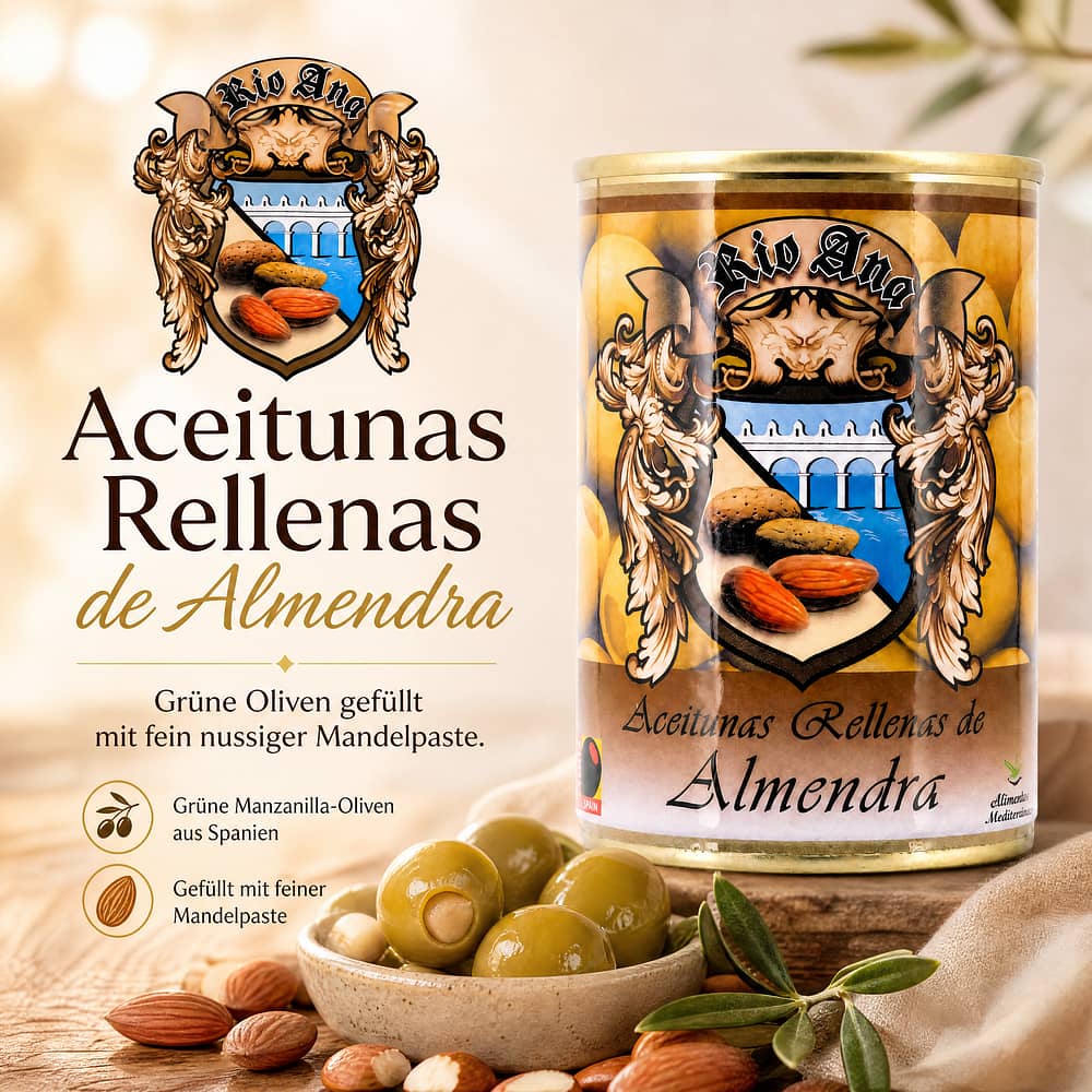 Rio Ana Aceitunas Rellenas de Almendra Grüne Oliven gefüllt mit Mandelpaste 292g 120 Gramm Abtropfgewicht Produktbild
