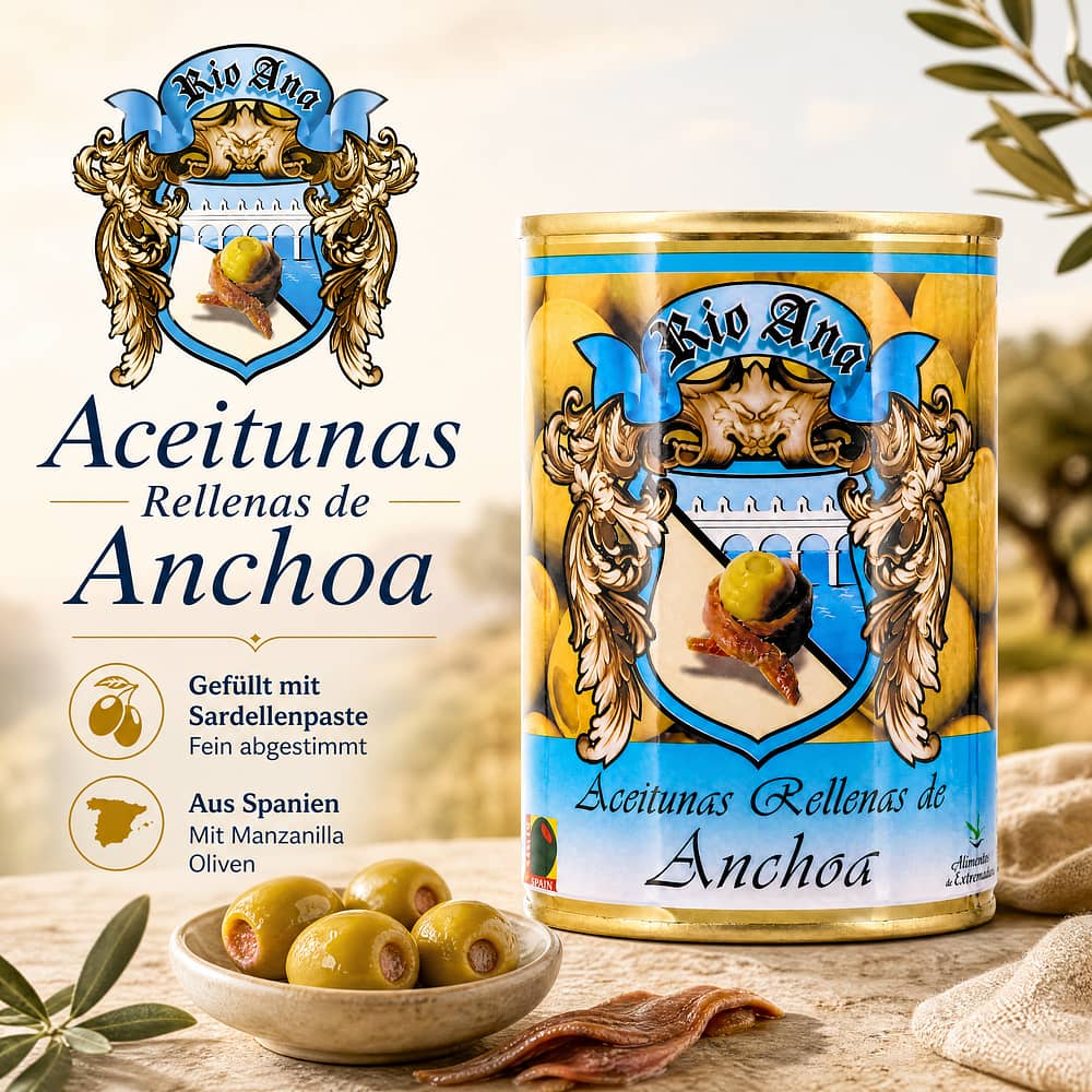Rio Ana Aceitunas Rellenas de Anchoa Grüne Oliven gefüllt mit Sardellenpaste 292g 120 Gramm Abtropfgewicht Produktbild