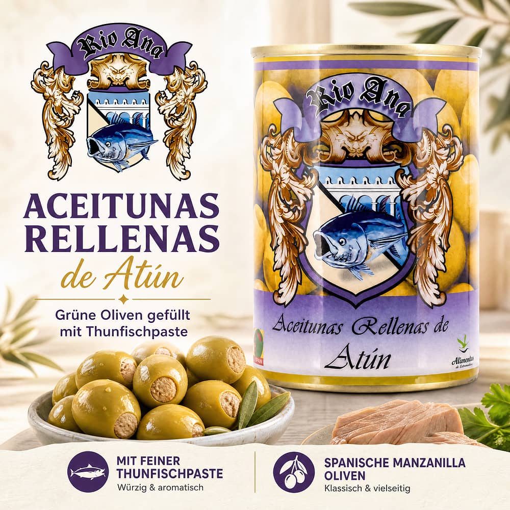 Rio Ana Aceitunas Rellenas de Atùn Grüne Oliven gefüllt mit Thunfischpaste 292g 120 Gramm Abtropfgewicht Produktbild