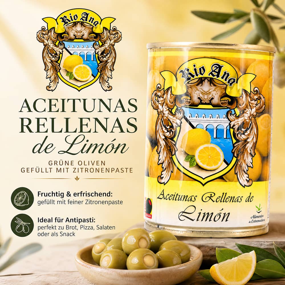 Rio Ana Aceitunas Rellenas de Limón Grüne Oliven gefüllt mit Zitronenpaste 292g 120 Gramm Abtropfgewicht Produktbild