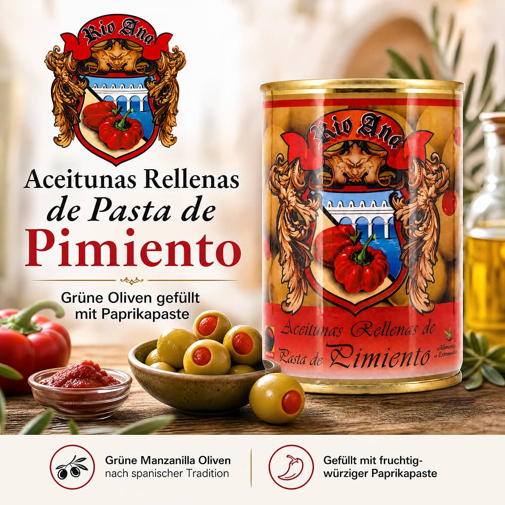 Rio Ana Aceitunas Rellenas de Pasta de Pimiento Grüne Oliven gefüllt mit Paprikapaste 292g 120 Gramm Abtropfgewicht Produktbild