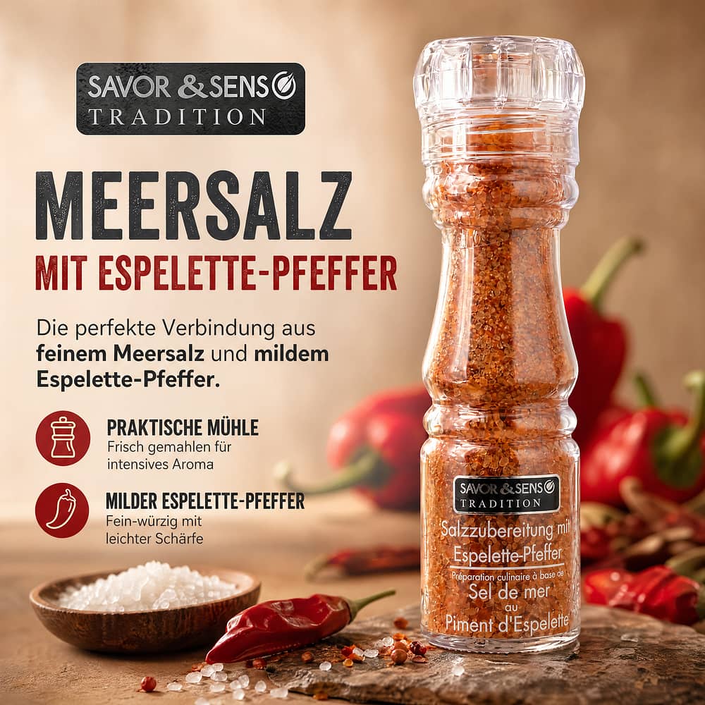 SAVOR CREATIONS Salzmühle mit Espelette Pfeffer Meersalz 145 Gramm Produktbild
