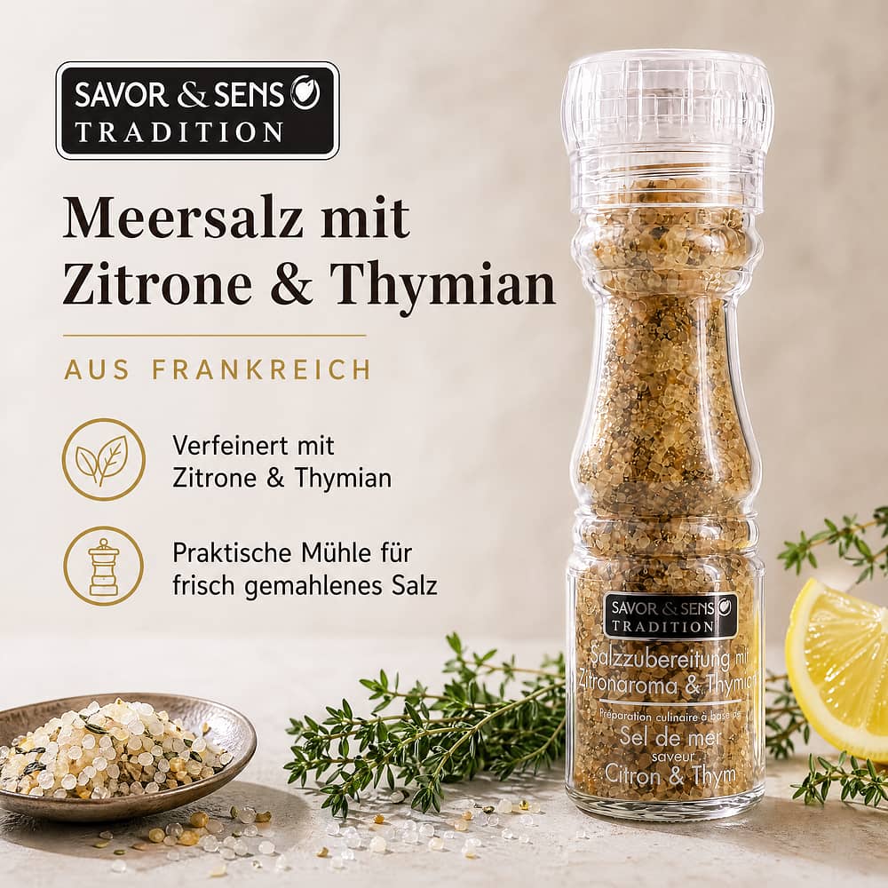 SAVOR CREATIONS Salzmühle mit Zitrone und Thymian (Savor et Sens) Meersalz 150 Gramm Produktbild