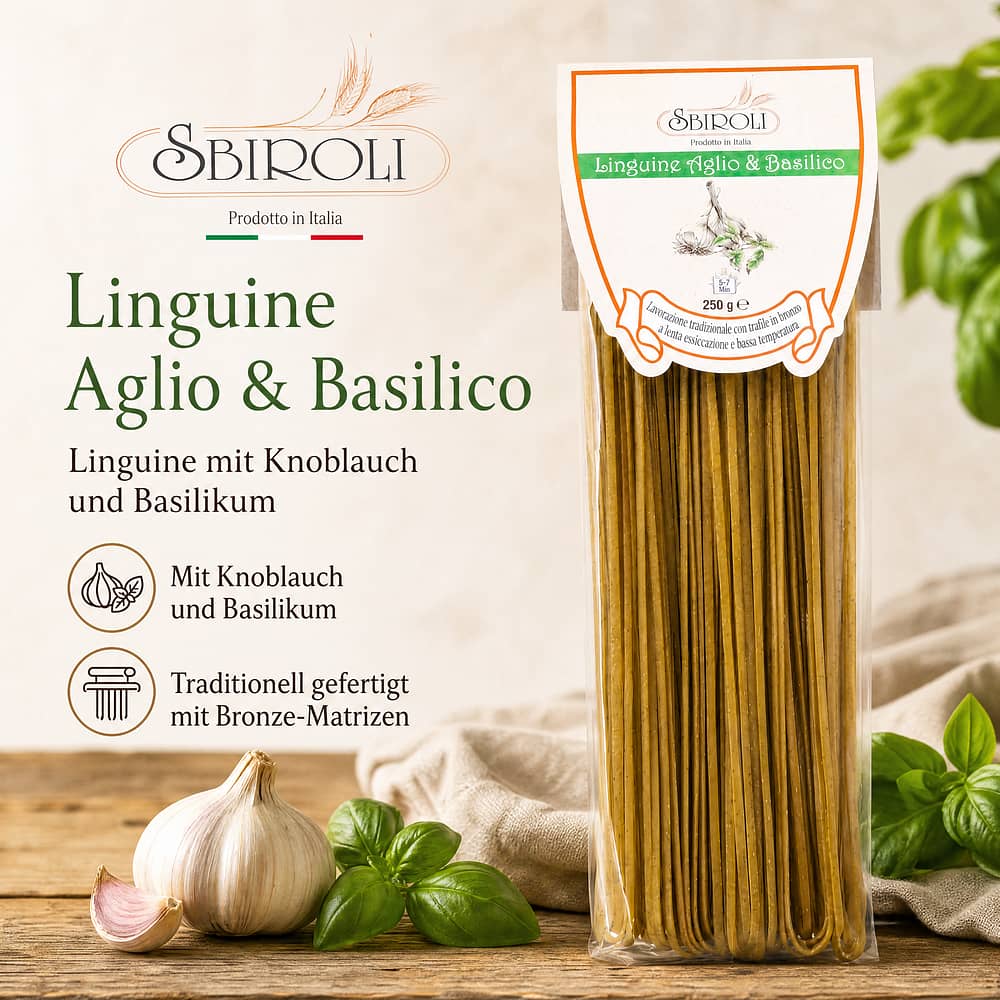 Sbiroli Linguine Aglio & Basilico Linguine mit Knoblauch und Basilikum 250 Gramm Produktbild