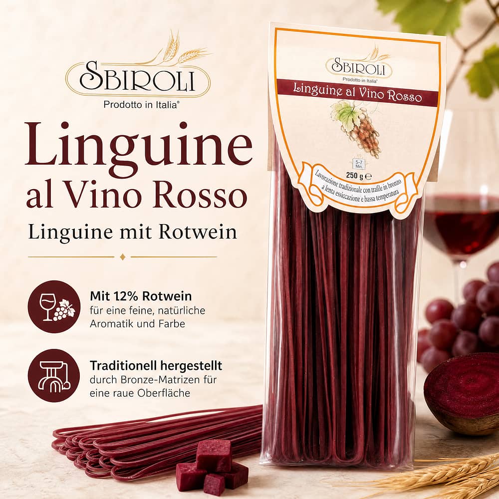 Sbiroli Linguine al Vino Rosso Linguine mit Rotwein 250 Gramm Produktbild