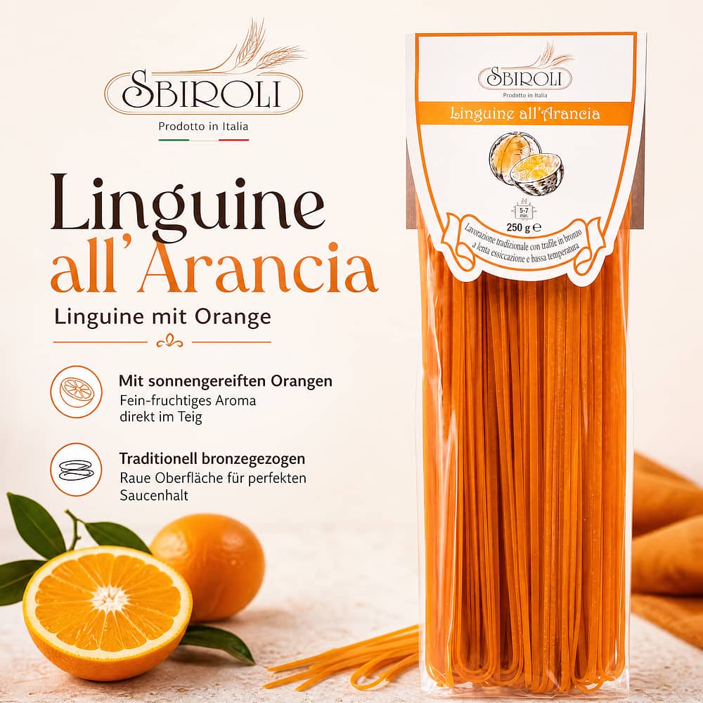 Sbiroli Linguine all`Arancia Linguine mit Orange 250 Gramm Produktbild