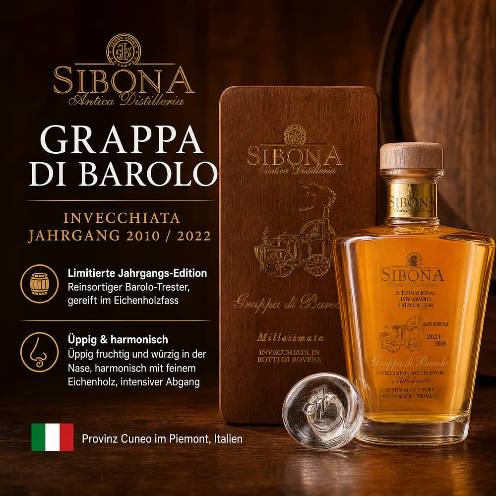 Sibona Grappa di Barolo Invecchiata Jahrgang 2010 / 2022 0,70 Liter/ 44.0% vol Produktbild