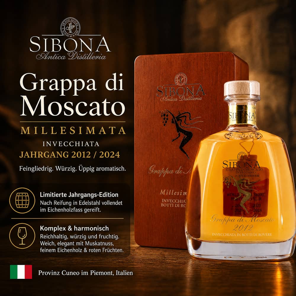 Sibona Grappa Di Moscato Millesimata Invecchiata Jahrgang 2012 / 2024 0,70 Liter/ 44.0% vol Produktbild