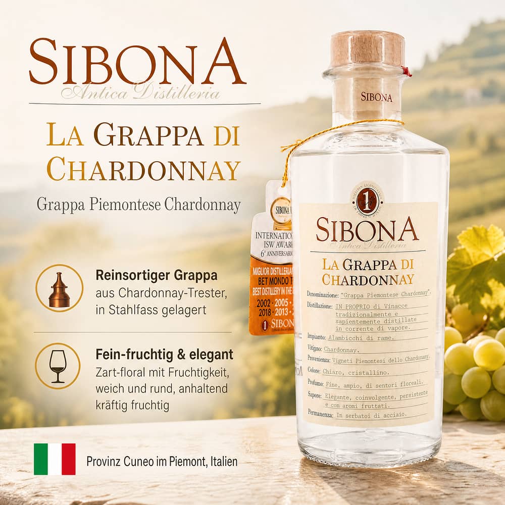 Sibona La Grappa Di Chardonnay Grappa Piemontese Chardonnay 0,50 Liter/ 40.0% vol Produktbild