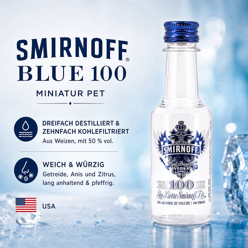 Smirnoff Blue 100 Miniatur PET 0,050 Liter/ 50.0% vol Produktbild