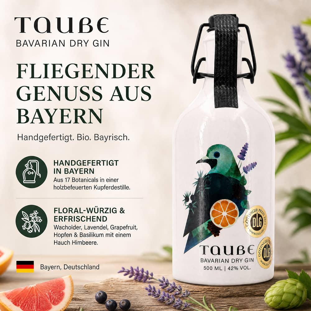 Taube Bio Bavarian Dry Gin Steinzeugflasche mit Bügelverschluß 0,50 Liter/ 42.0% vol Produktbild