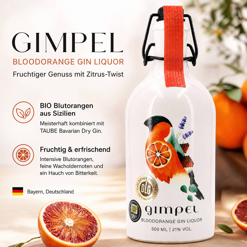 Taube BIO Gimpel Bloodorange Gin Liquor Steinzeugflasche mit Bügelverschluß 0,50 Liter/ 21.0% vol Produktbild