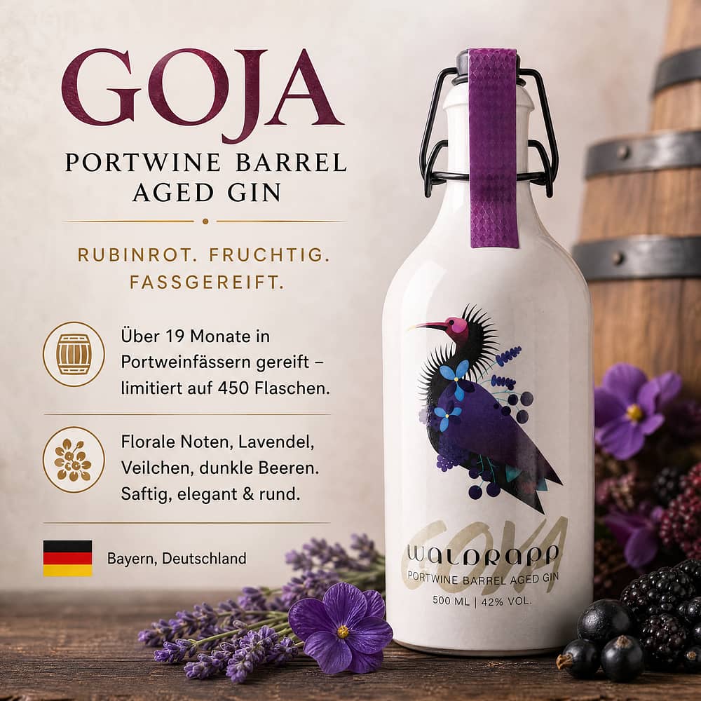 Taube BIO Gin Waldrapp GOYA Port Wine Barrel Aged Steinzeugflasche mit Bügelverschluß 0,50 Liter/ 42.0% vol Produktbild