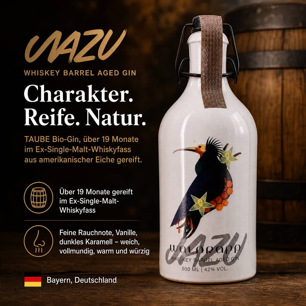 Taube BIO Gin Waldrapp JAZU Whiskey Barrel Aged Steinzeugflasche mit Bügelverschluß 0,50 Liter/ 42.0% vol Produktbild