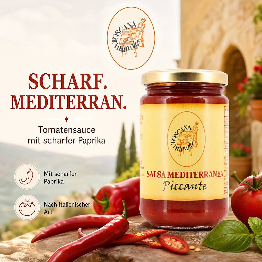 TOSCANA intavola Salsa Mediterranea Piccante Tomatensauce mit scharfer Paprika 290 Gramm Produktbild