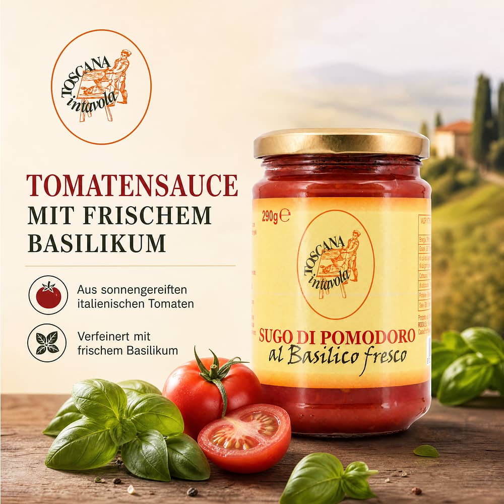 TOSCANA intavola Sugo Di Pomodoro al Basilico fresco Tomatensauce mit Basilikum 290 Gramm Produktbild