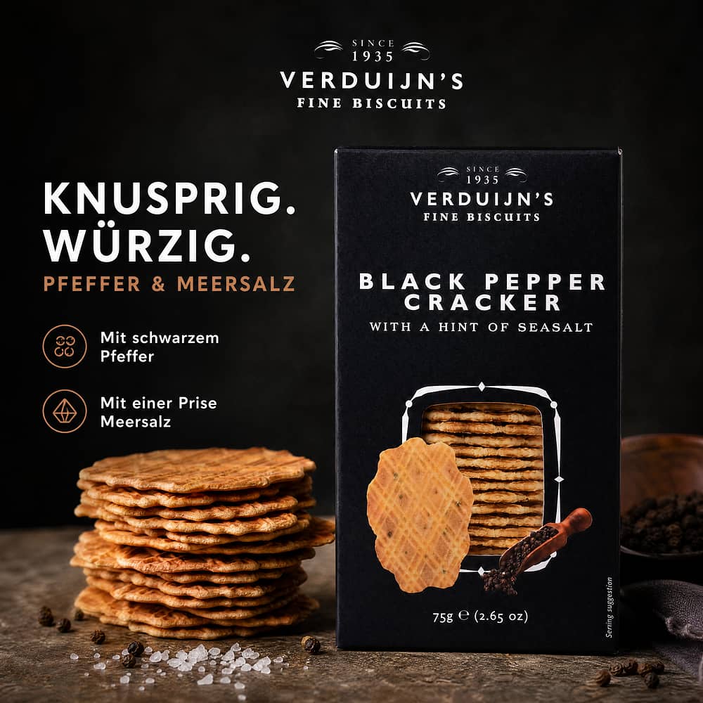 Verduijn's Black Pepper Cracker Waffeln mit Pfeffer und Meersalz 75 Gramm Produktbild
