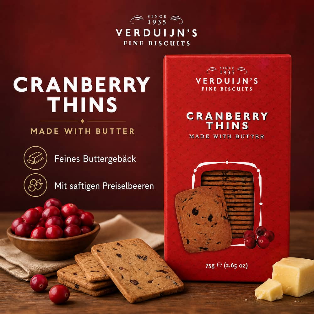Verduijn's Cranberry Thins Buttergebäck mit Preiselbeeren 75 Gramm Produktbild
