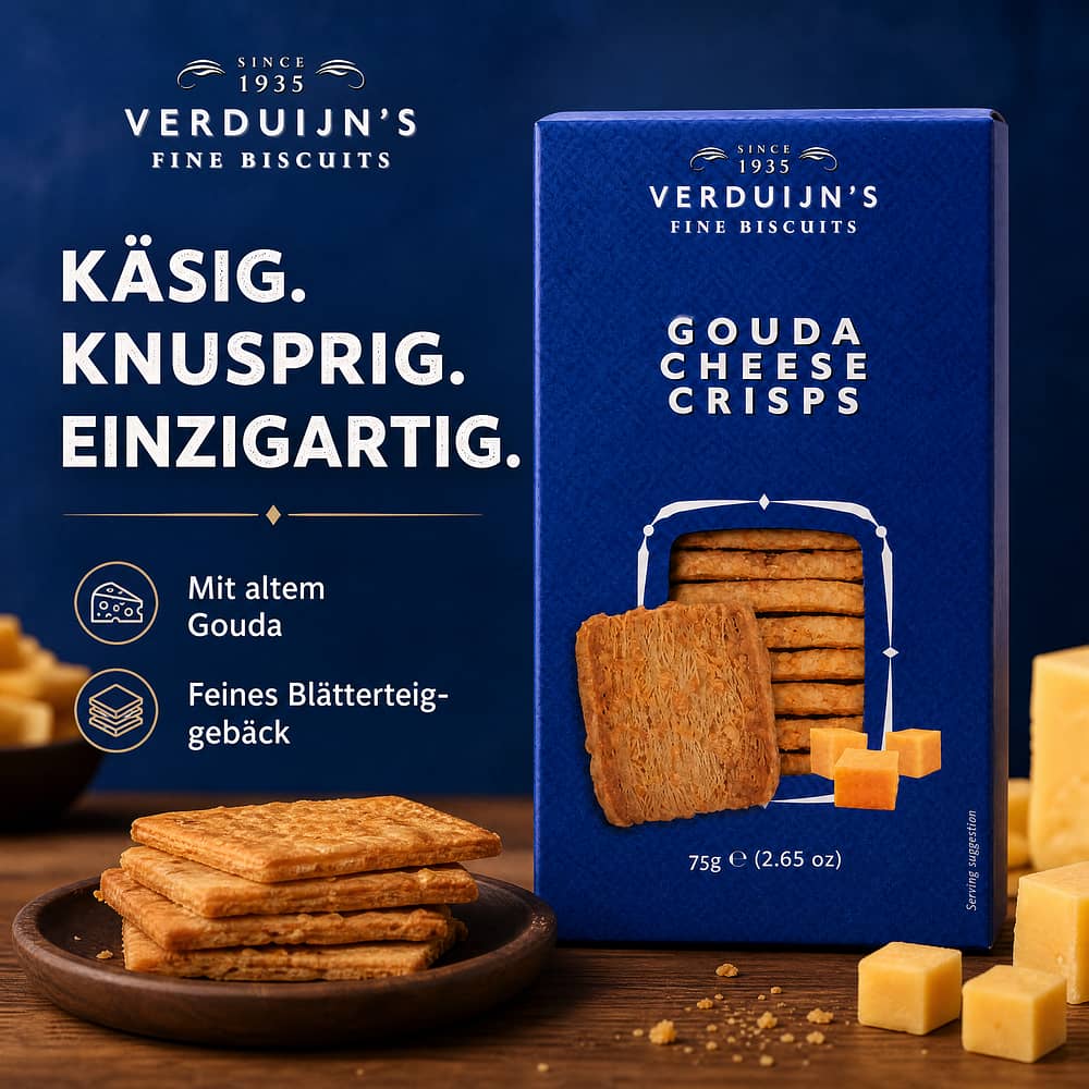 Verduijn's Gouda Cheese Crisps Blätterteiggebäck mit altem Gouda 75 Gramm Produktbild