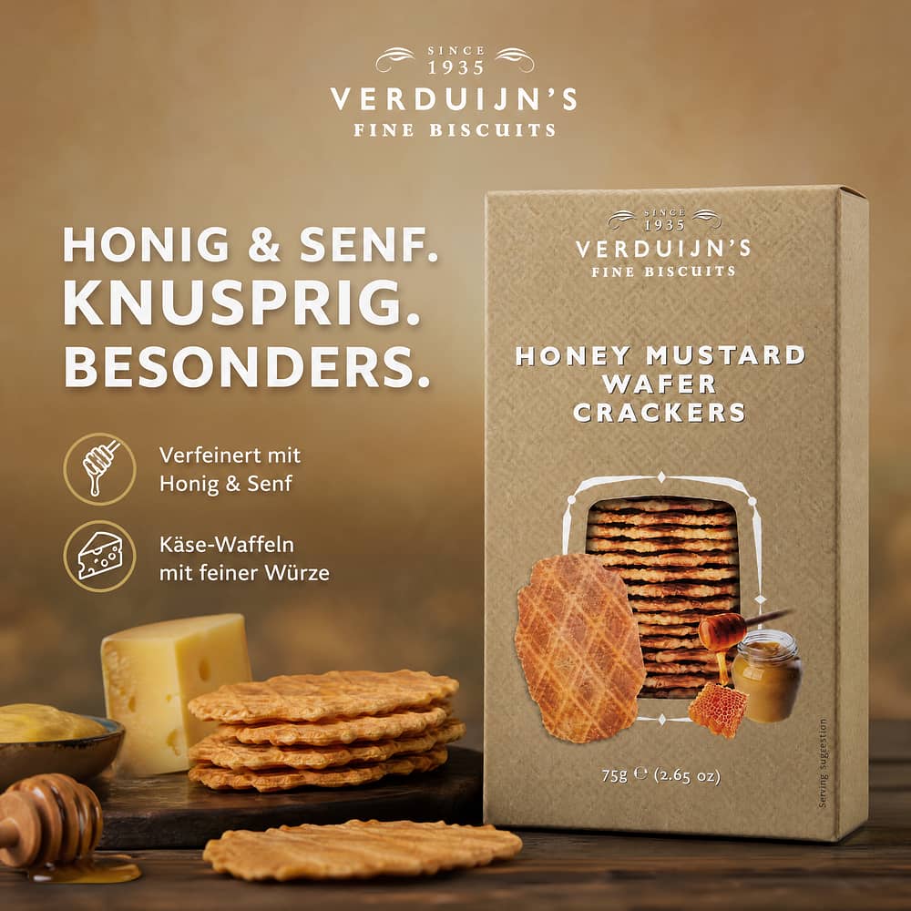 Verduijn's Honey Mustard Wafer Crackers Käse-Waffeln mit Honig und Senf 75 Gramm Produktbild