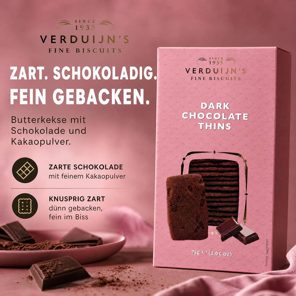 Verduijn's Dark Chocolate Thins Butterkekse mit Schokolade und Kakaopulver 75 Gramm Produktbild