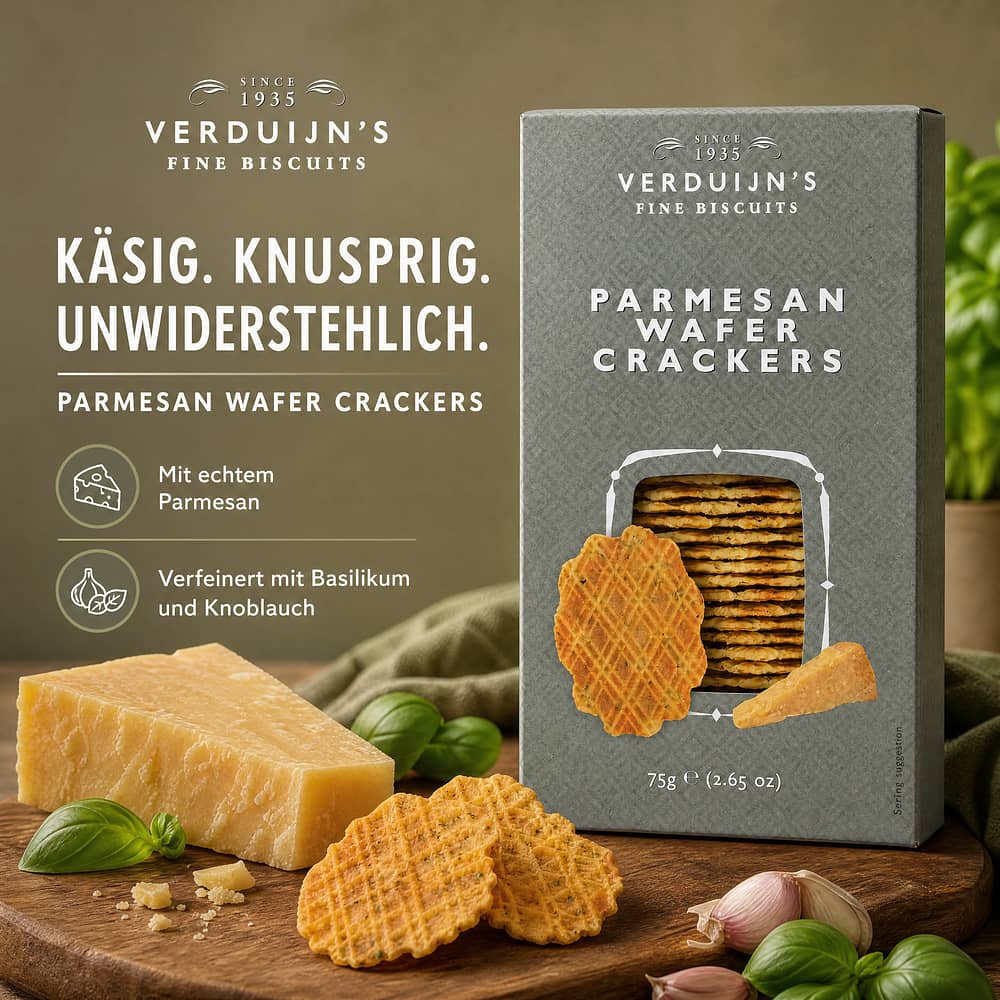 Verduijn's Parmesan Wafer Crackers Waffeln mit Parmesan, Basilikum und Knoblauch 75 Gramm Produktbild