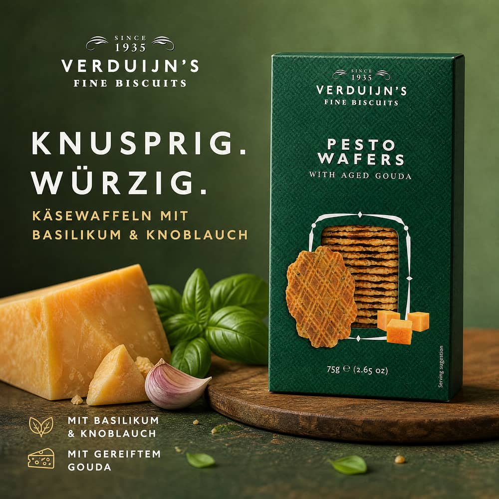 Verduijn's Pesto Wafers Käsewaffeln mit Basilikum und Knoblauch 75 Gramm Produktbild