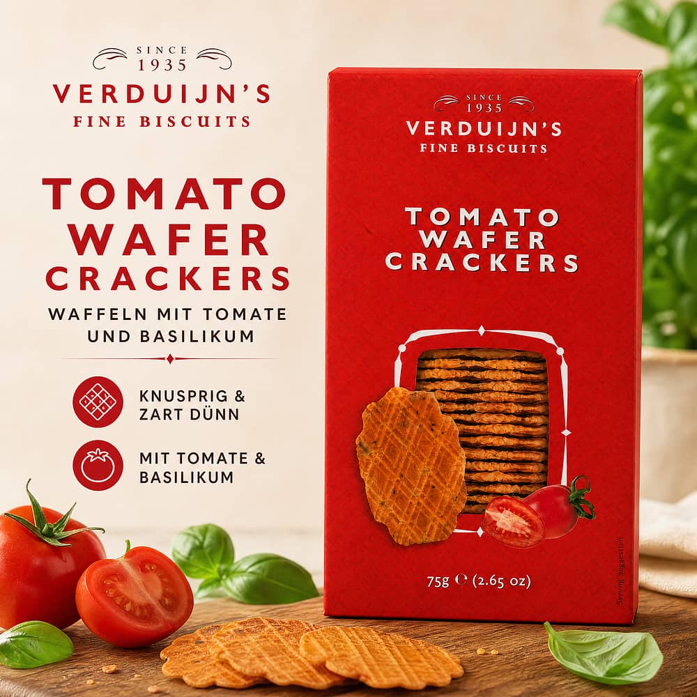 Verduijn's Tomato Wafer Crackers Waffeln mit Tomate und Basilikum 75 Gramm Produktbild