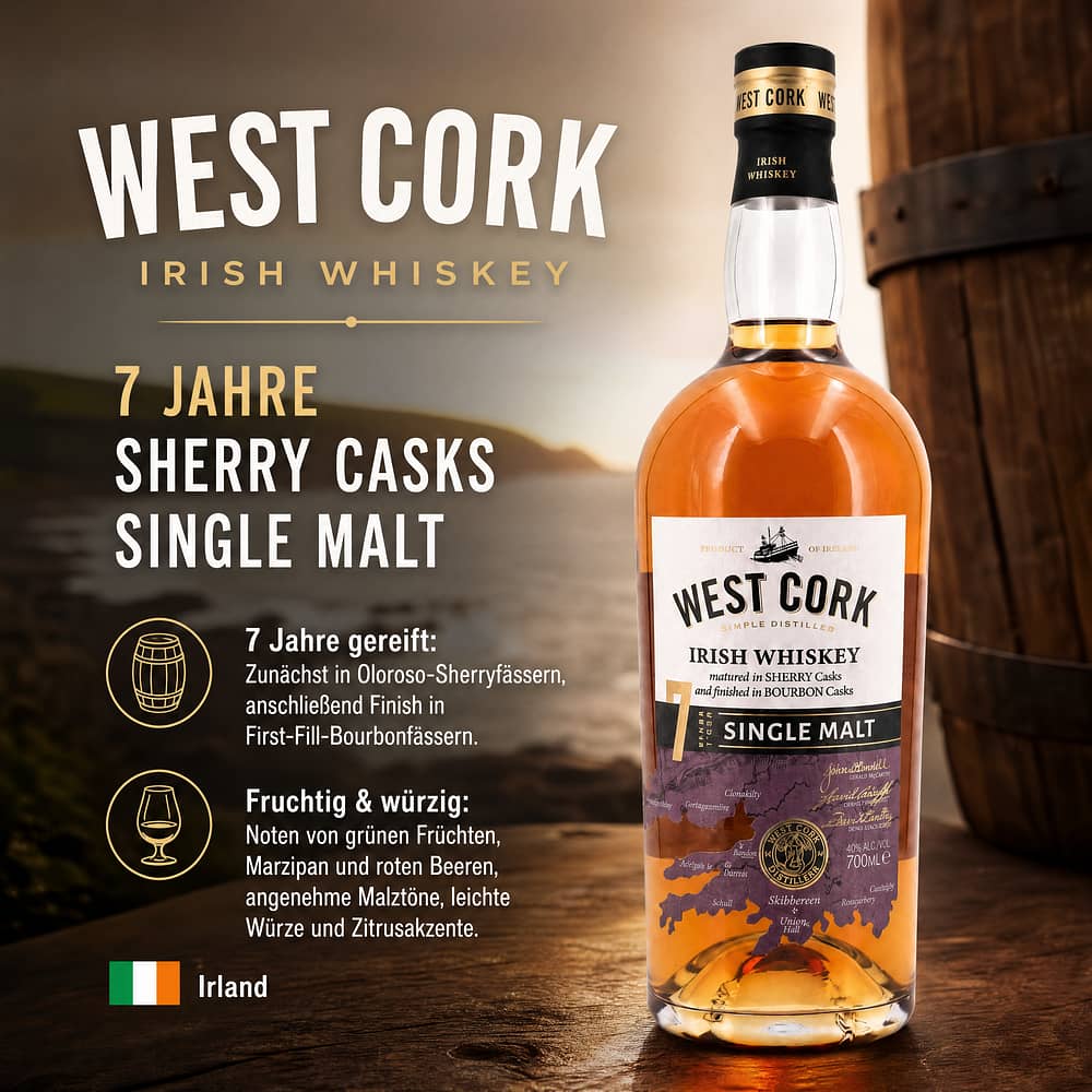 West Cork 7 Jahre Sherry Casks Single Malt Whiskey 0,70 Liter/ 46.0% vol Produktbild