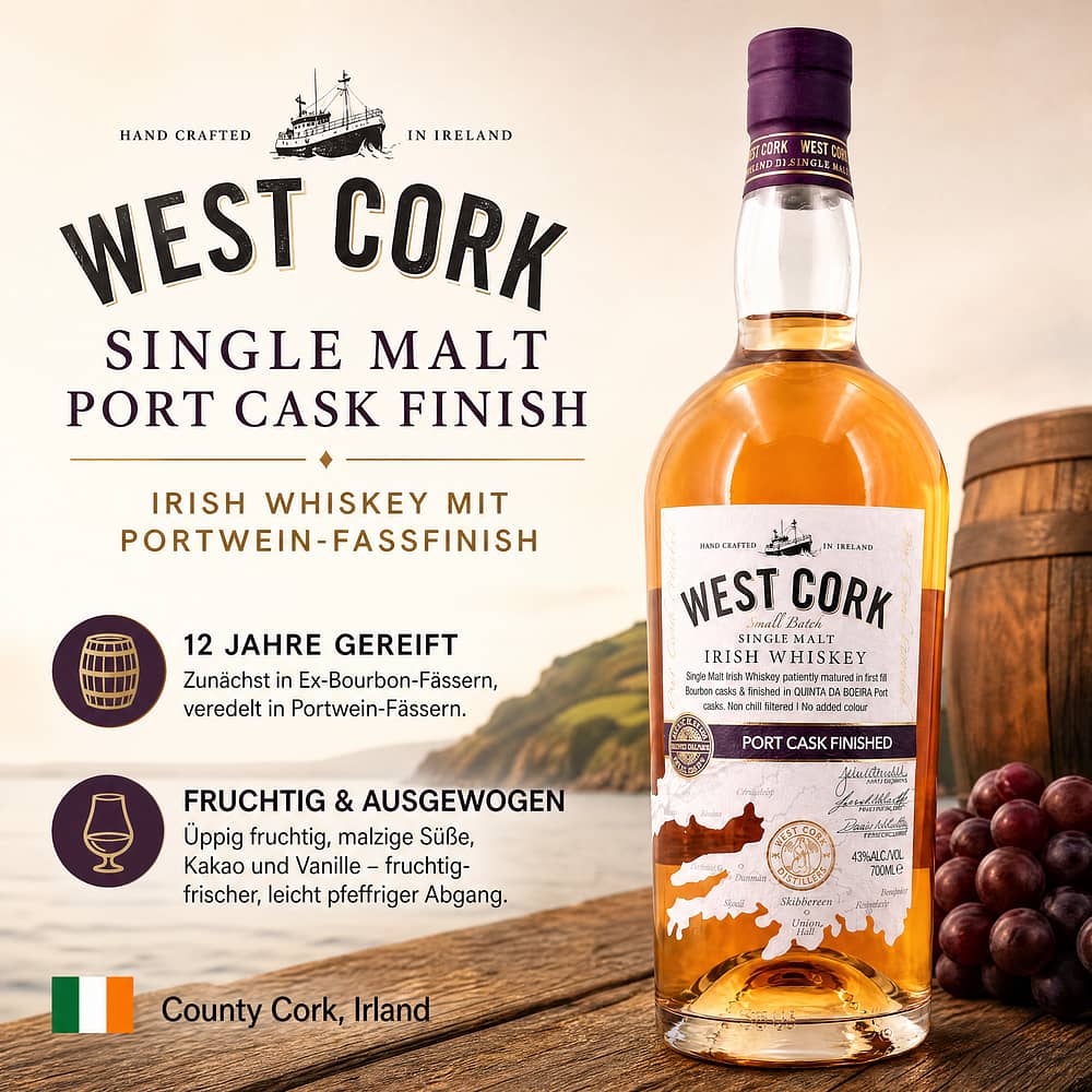 West Cork Single Malt Port Cask Finish 0,70 Liter/ 43.0% vol Produktbild