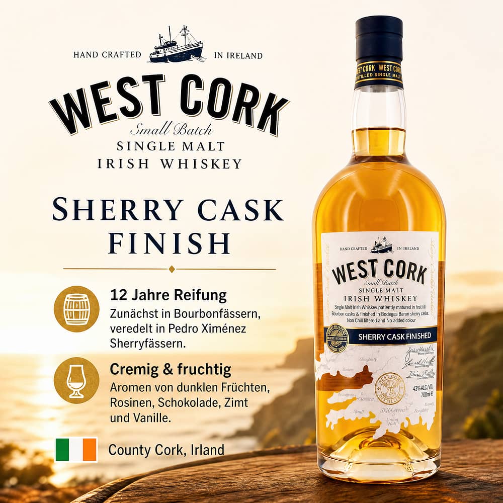 West Cork Single Malt Sherry Cask Finish 0,70 Liter/ 43.0% vol Produktbild