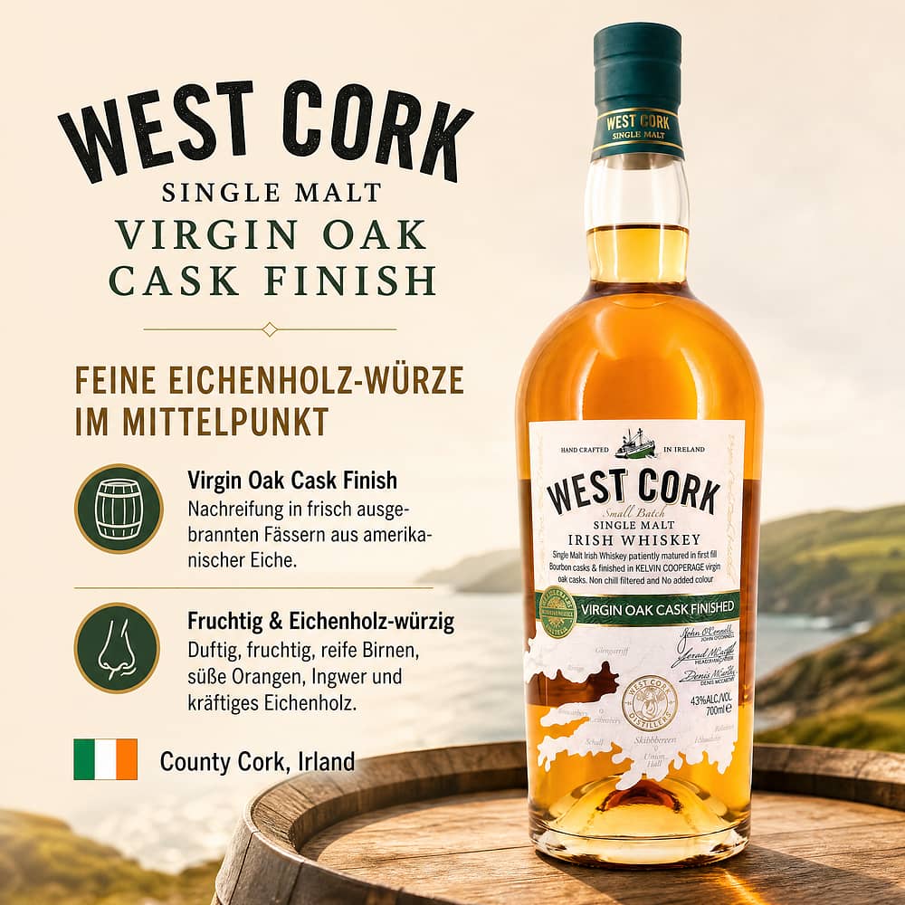 West Cork Single Malt Virgin Oak Cask Finish 0,70 Liter/ 43.0% vol Produktbild