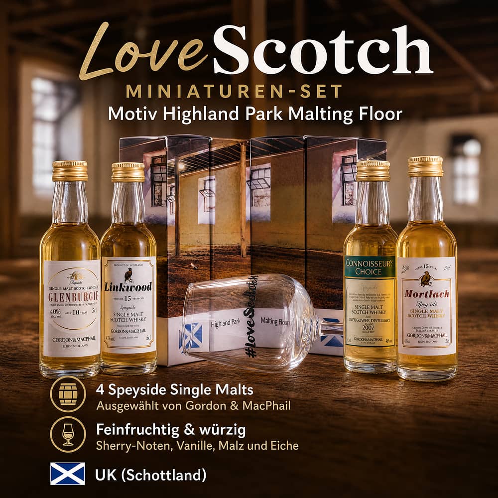 whiskyworld LoveScotch Miniaturen-Set Motiv Highland Park Malting Floor 0,20 Liter/ 43.0% vol Produktbild