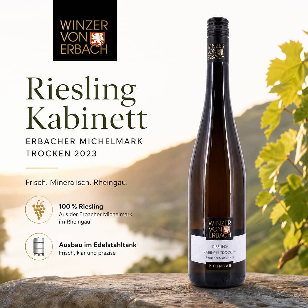 Winzer von Erbach EG Riesling Kabinett Erbacher Michelmark trocken Jahrgang 2023 0,750 Liter/ 11.0% vol Produktbild