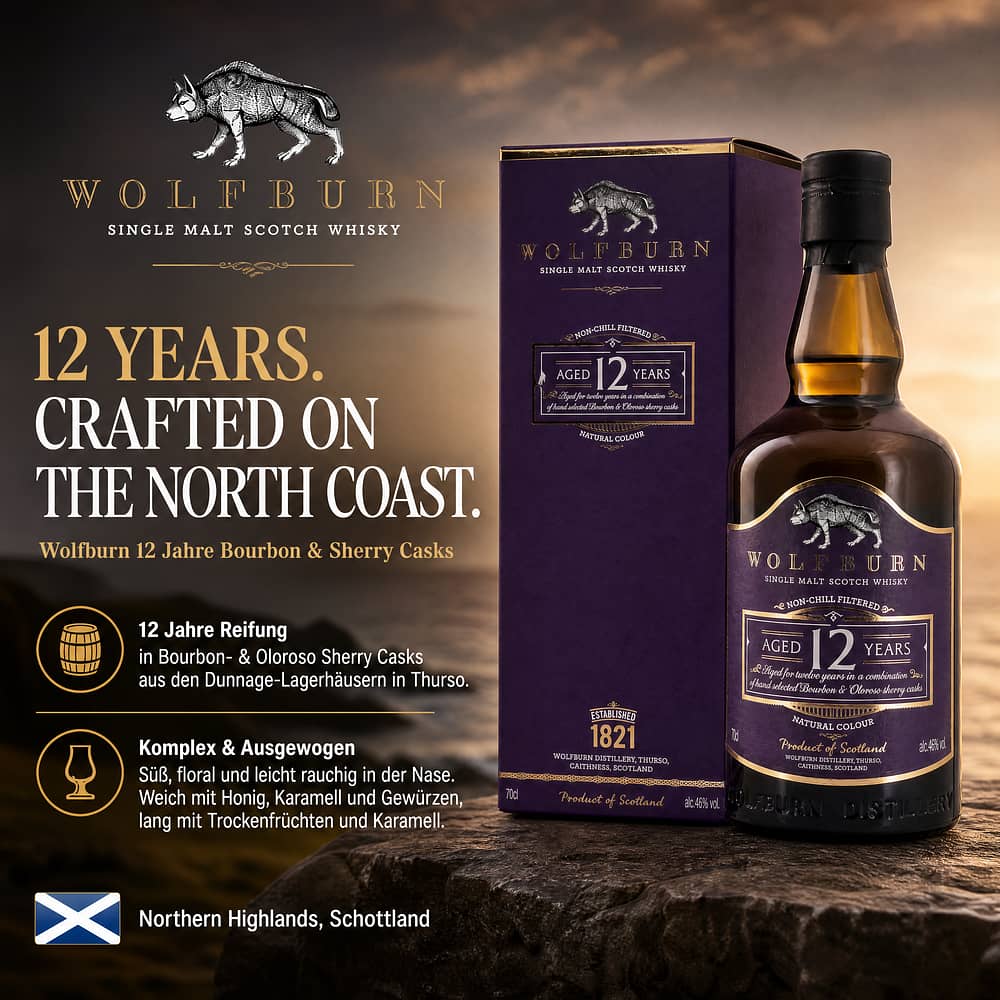 Wolfburn 12 Jahre Bourbon & Sherry Casks 0,70 Liter/ 46.0% vol Produktbild