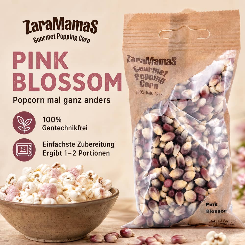 ZaraMama Popcorn Pink Blossom 100% Gentechnikfrei 90 Gramm Produktbild