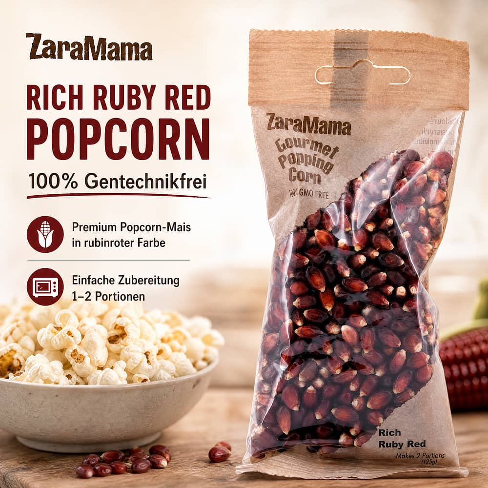 ZaraMama Popcorn  Rick Ruby Red 100% Gentechnikfrei 90 Gramm Produktbild