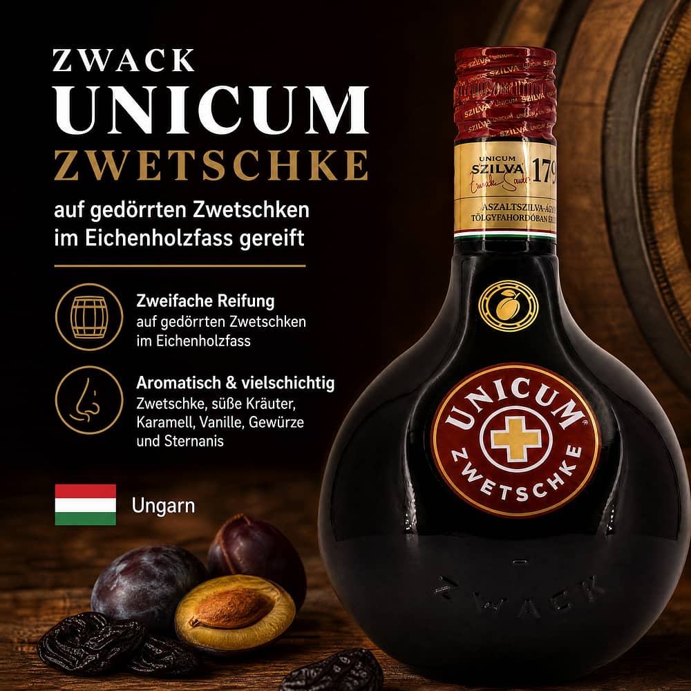 Zwack Unicum Zwetschke auf gedörrten Zwetschken im Eichenholzfass gereift 0,70 Liter/ 34.5% vol Produktbild