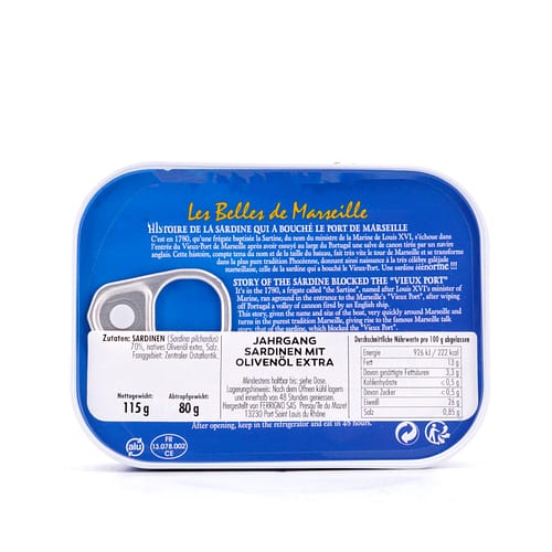 Ferrigno Jahrgang Sardinen mit Olivenöl (Les belles de Marseille) Jahrgang 2020 115g 80 Gramm Abtropfgewicht Produktbild