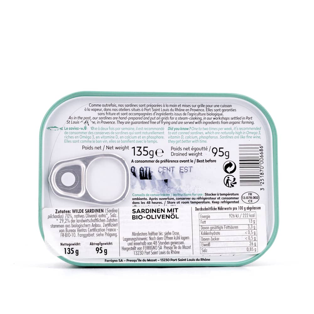 Ferrigno La Bonne Mer Sardinen mit Bio-Olivenöl 135g 95 Gramm Abtropfgewicht Produktbild