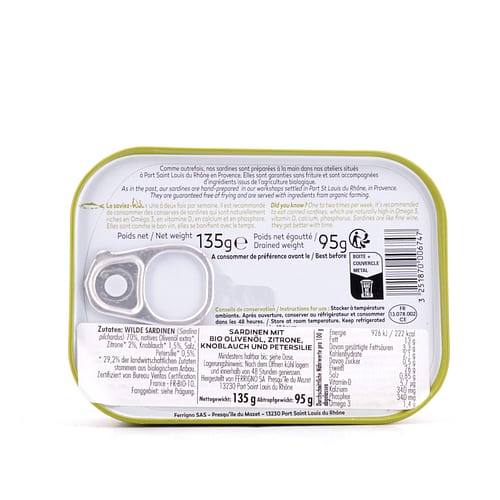 Ferrigno La Bonne Mer Sardinen mit Bio Olivenöl, Zitrone, Knoblauch Petersilie "Pêcheur 135g 95 Gramm Abtropfgewicht Produktbild