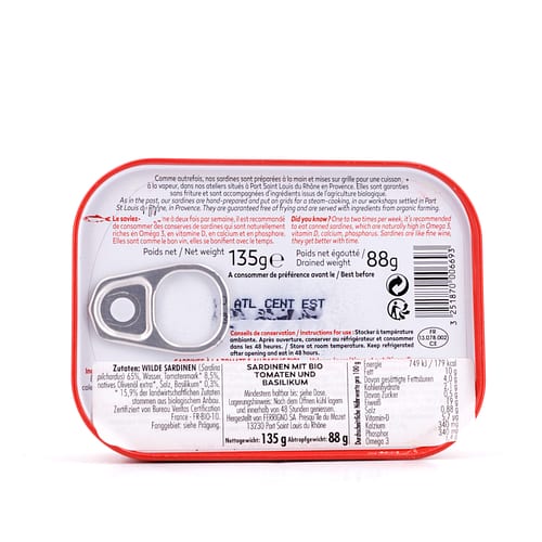 Ferrigno La Bonne Mer Sardinen mit Bio-Tomaten & Basilikum 135g 88 Gramm Abtropfgewicht Produktbild