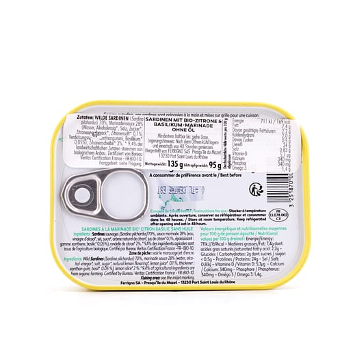 Ferrigno La Bonne Mer Sardinen mit Bio-Zitrone und Basilikum-Marinade ohne Öl 135g 95 Gramm Abtropfgewicht Produktbild