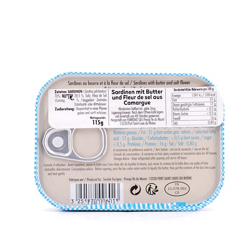 Ferrigno La Bonne Mer Sardinen mit Butter und Fleur de sel aus Camargue (zum Braten) 115g 115 Gramm Produktbild