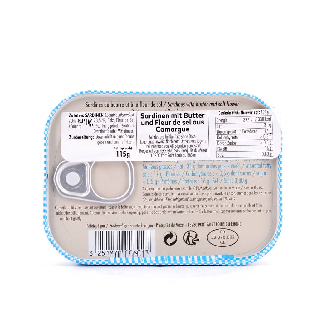 Ferrigno La Bonne Mer Sardinen mit Butter und Fleur de sel aus Camargue (zum Braten) 115g 115 Gramm Produktbild