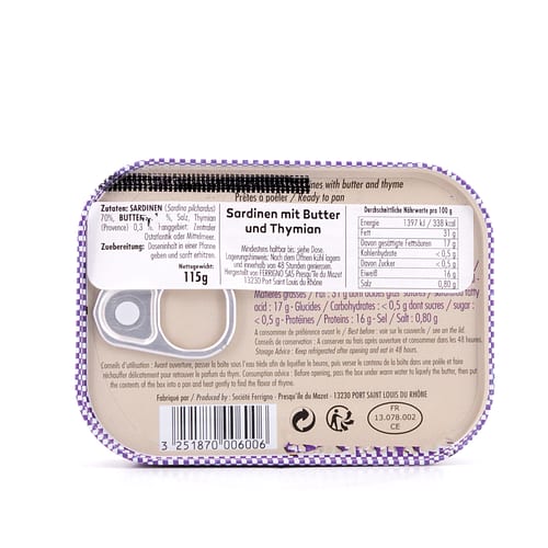 Ferrigno La Bonne Mer Sardinen mit Butter und Thymian (zum Braten) 115g 115 Gramm Produktbild