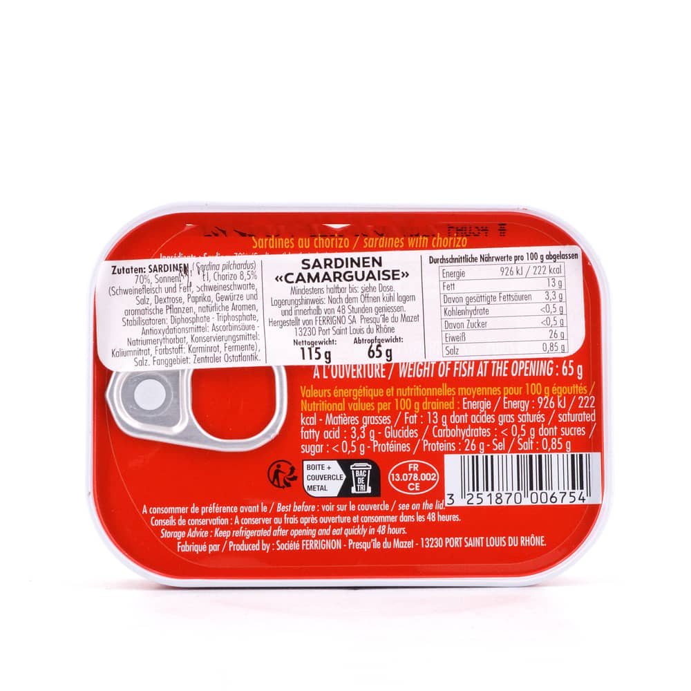 Ferrigno Sardinen Camarguaise 115g 65 Gramm Abtropfgewicht Produktbild
